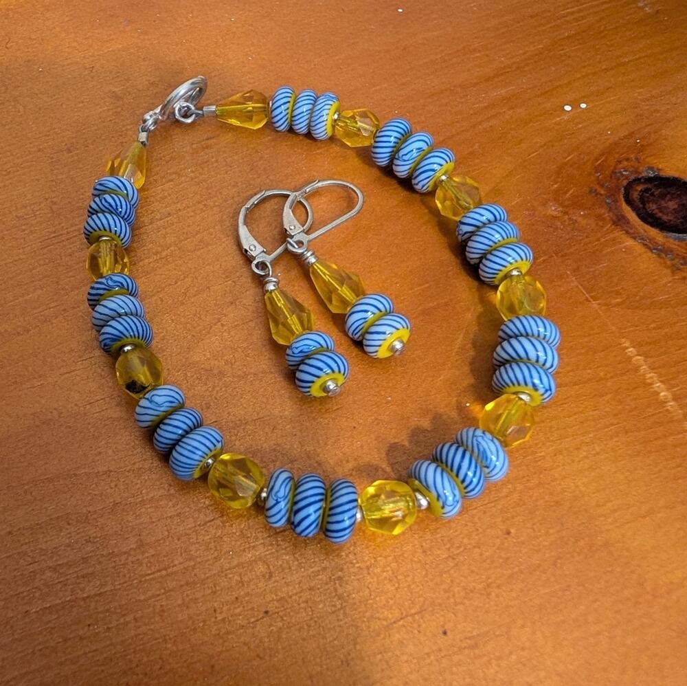 Handmade Glass Bead Necklace & Earring Set | Blue & Yellow Striped Beads